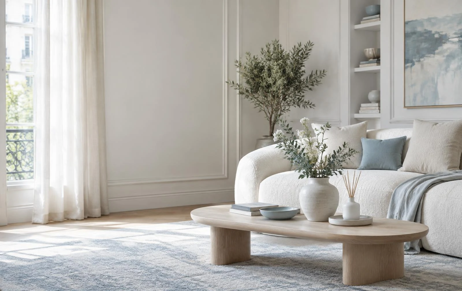 Salon lumineux aux matières douces, coussins bleu brume et lumière naturelle